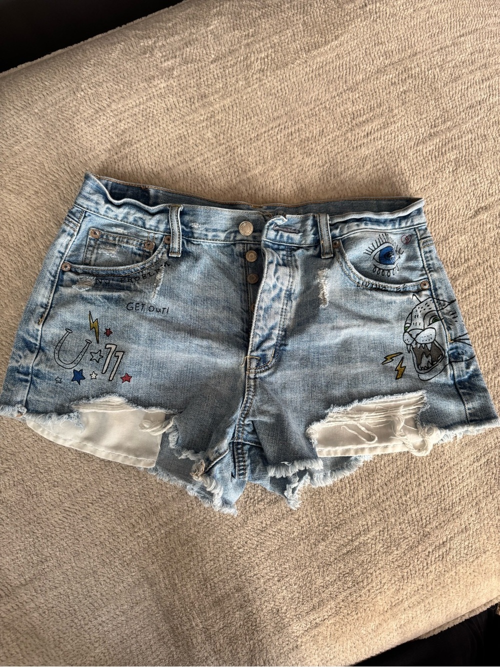 American Eagle Outfitters Light Blue Embroidered Distressed Denim Shorts